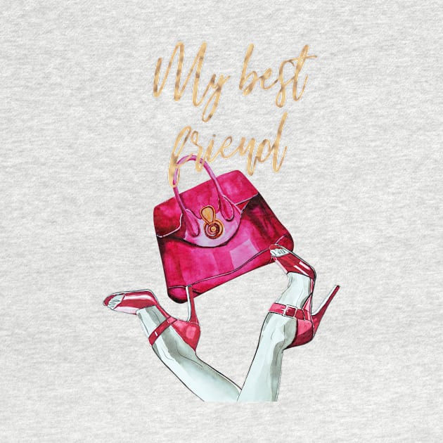 My best friend, quote, red shoes and red bag, watercolor illustration by IngaDesign